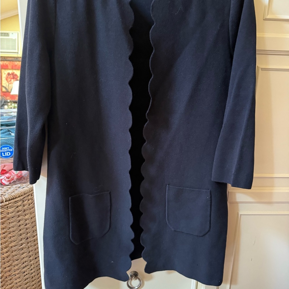 Talbots Elegant Black Knitwear cardigan with scalloped edges and front pockets